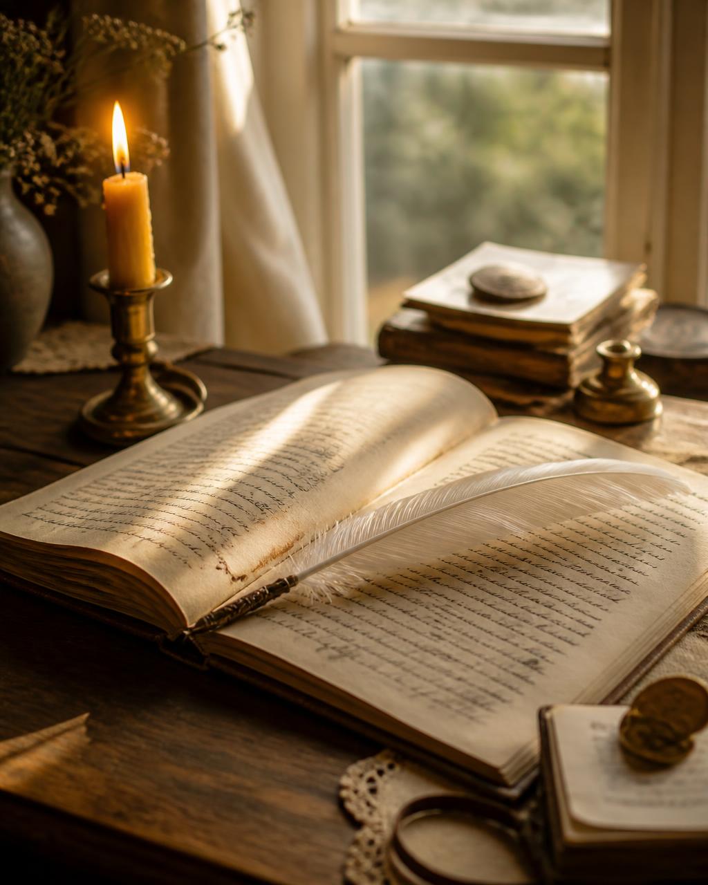 An open journal with a white feather quill and candlelight on a wooden desk